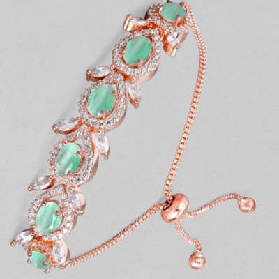 Women Rose Gold-Plated Sea Green Diamond Studded Bracelet