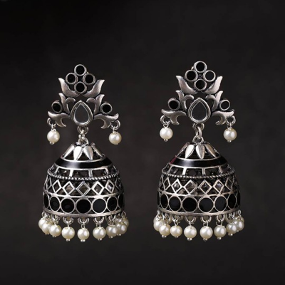 Silver-Plated Oxidized Geometric Jhumkas Earrings