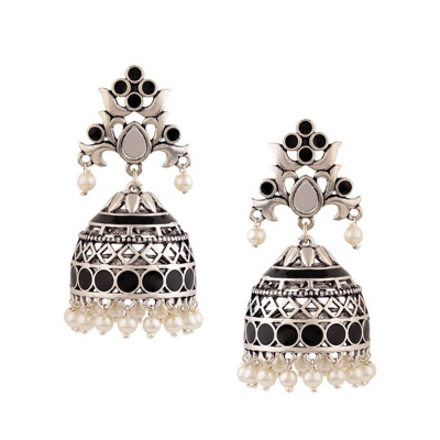 Silver-Plated Oxidized Geometric Jhumkas Earrings